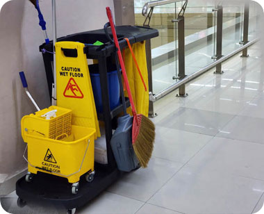 janitor cart in a clean hallway
